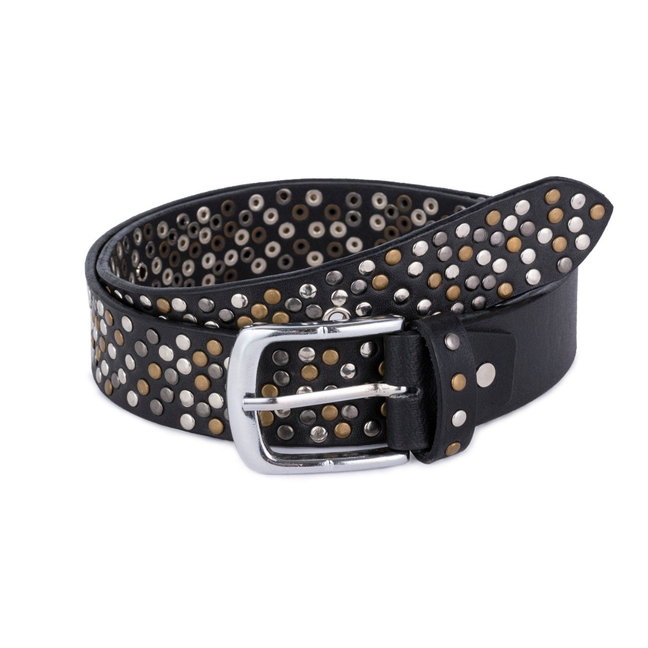 Black Leather Belt with multi color brass Rivets