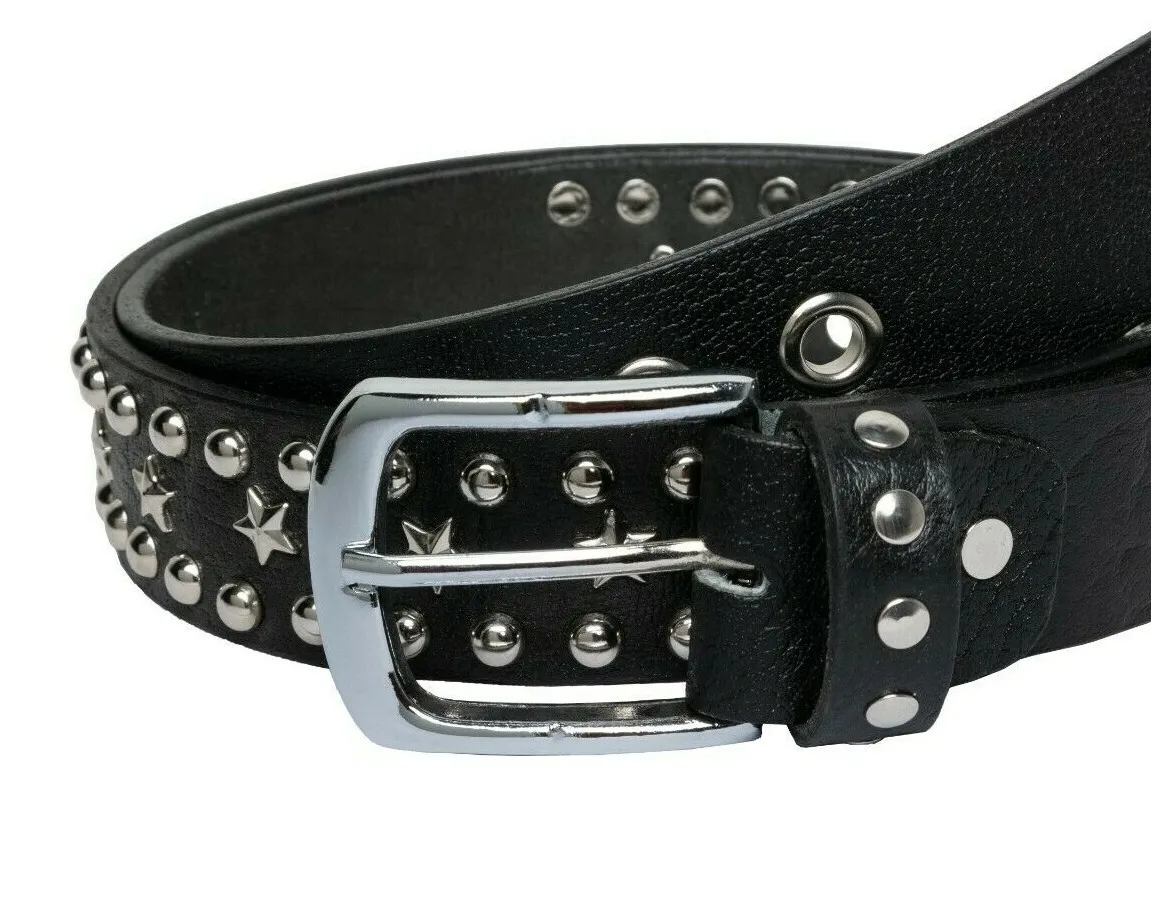 Black Leather Belt with Star and Round brass Rivets